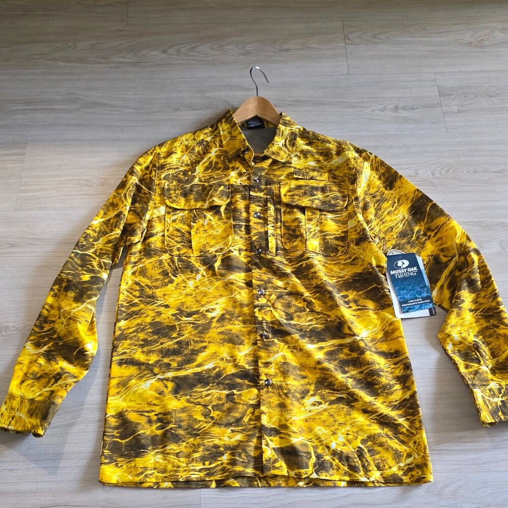 NWT Mossy Oak Fishing Long Sleeve Performance Yellow Camo Shirt M (38-40)